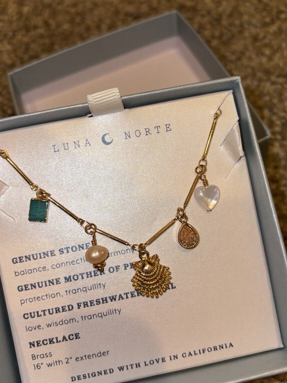 Gold Charm Necklace with Green Stone, Pearl & Mother-of-Pearl Heart